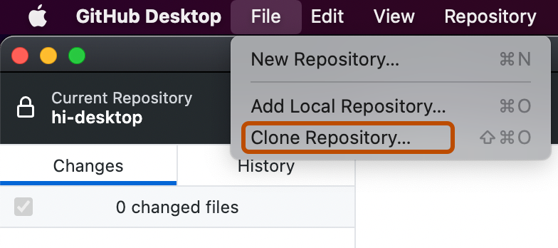 Captura de pantalla de la barra de menús en un equipo Mac. El menú desplegable "Archivo" se expande y la opción "Clonar repositorio" está resaltada con un contorno naranja.