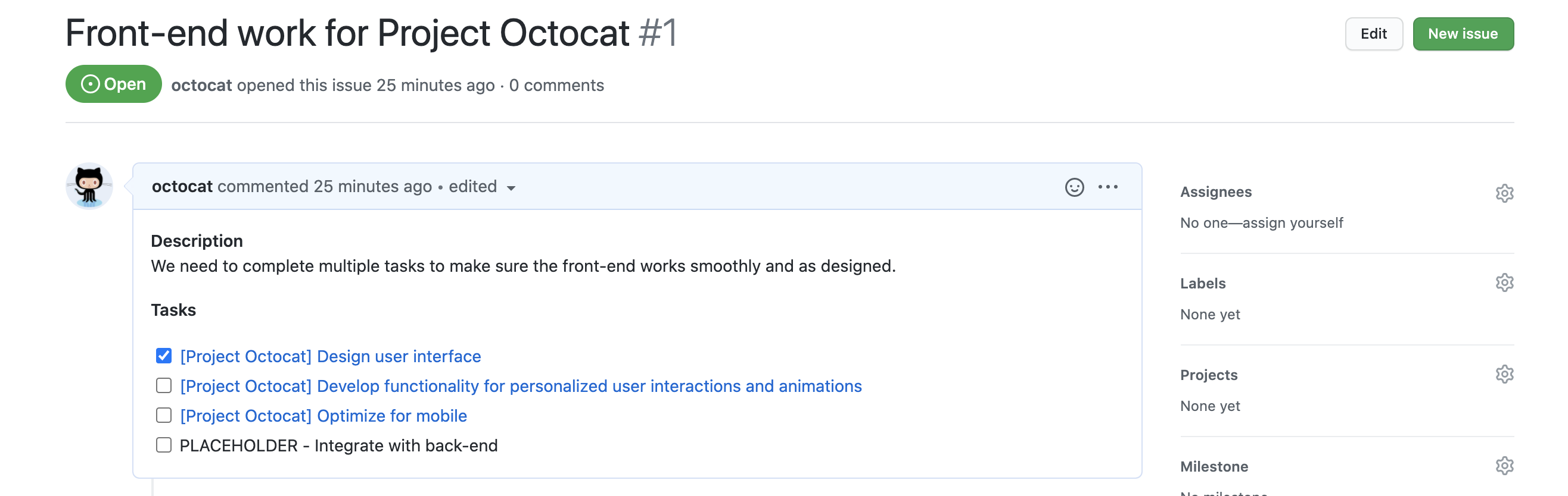 Снимок экрана: проблема с именем Front-end work for Project Octocat. Текст проблемы содержит список задач с флажком перед каждой ссылкой на проблему.