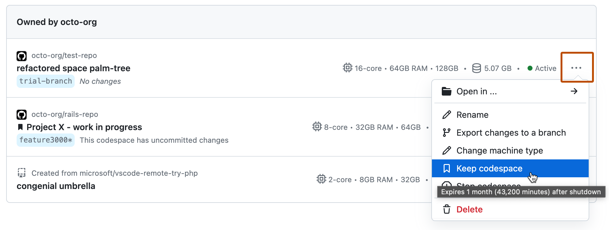 Captura de tela do menu suspenso de um codespace ativo. A opção "Manter codespace" tem uma dica de ferramenta dizendo "Expira 10 dias após o desligamento".