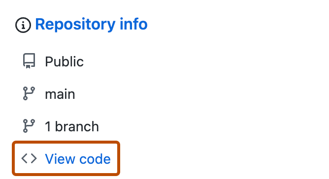 Captura de tela dos detalhes do administrador do site para um repositório. O link "Exibir código" é realçado com um contorno laranja.