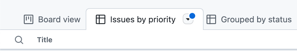 "우선 순위별 문제"라는 레이블이 있는 보기의 탭 스크린샷. 보기 이름 옆에 있는 드롭다운 아이콘이 파란색 점으로 표시되어 있습니다.