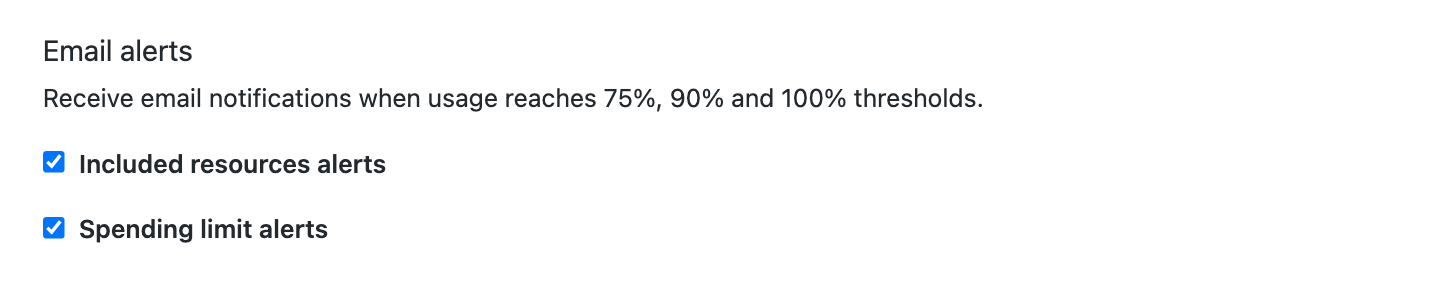 Captura de pantalla de la configuración de "Alertas por correo electrónico". Las opciones "Alertas de recursos incluidos" y "Alertas de límites de gasto" están seleccionadas.