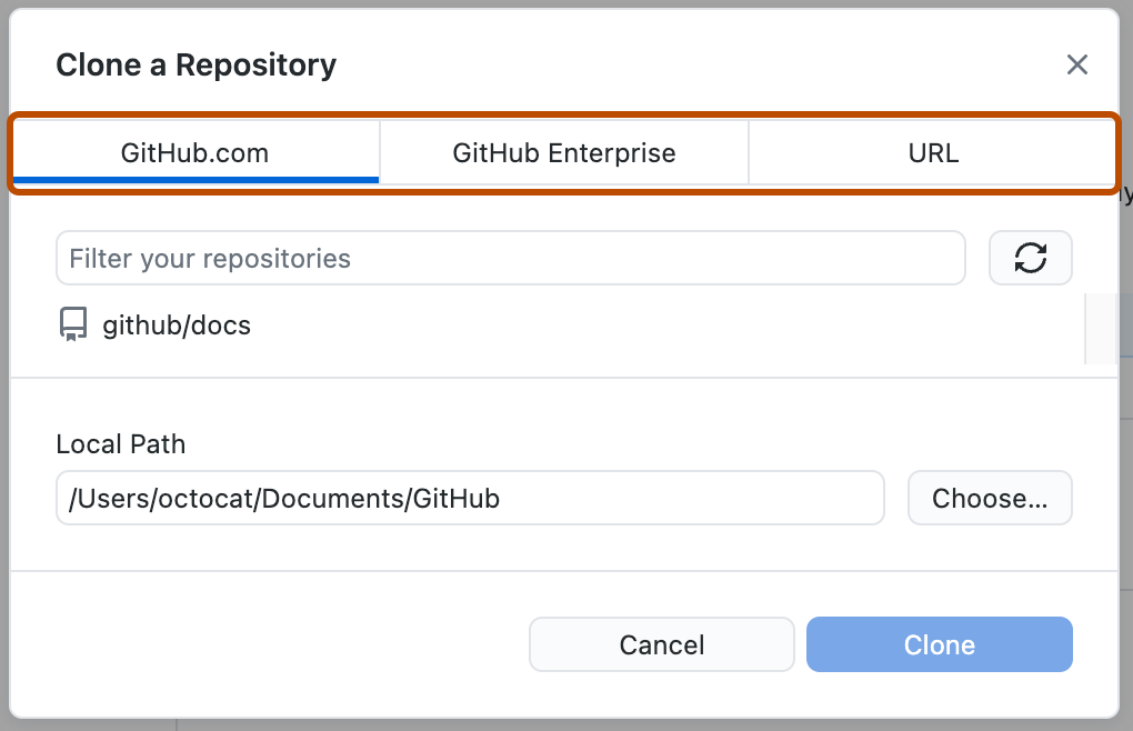 Pestañas de ubicación en el menú Clone a repository (Clonar un repositorio)