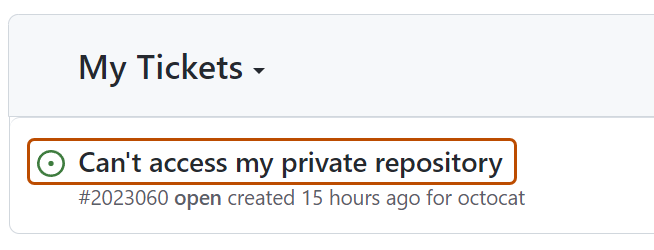 스크린샷. 티켓 제목 "내 개인 리포지토리에 액세스할 수 없습니다"가 주황색으로 강조 표시됩니다.