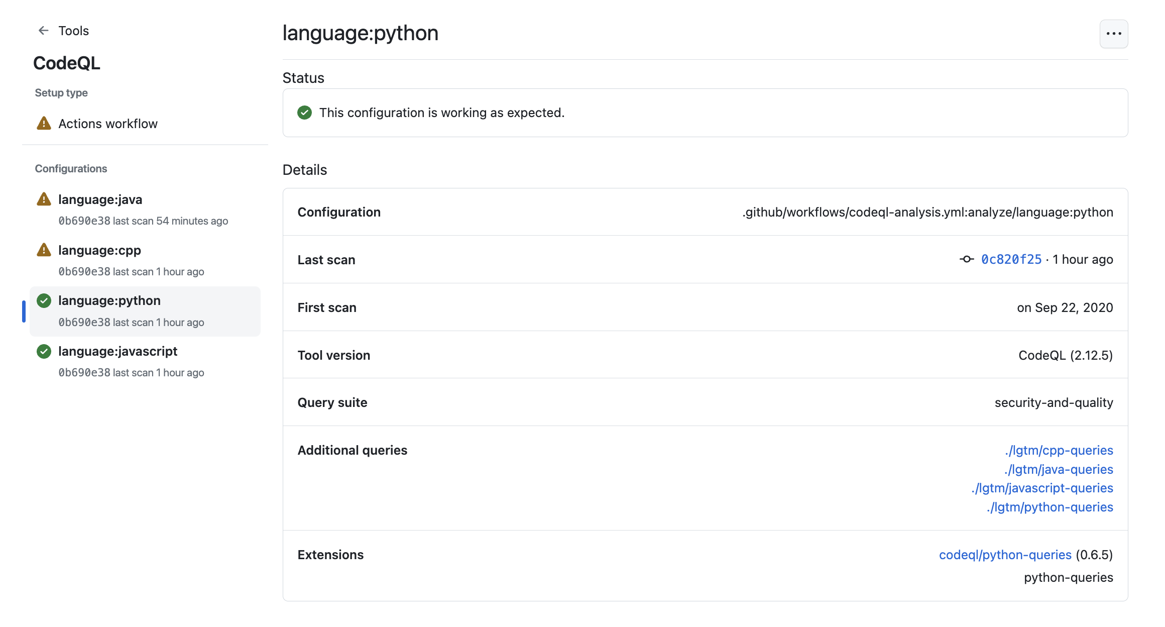 ツールの状態ページの CodeQL に関する詳細情報を示すスクリーンショット。