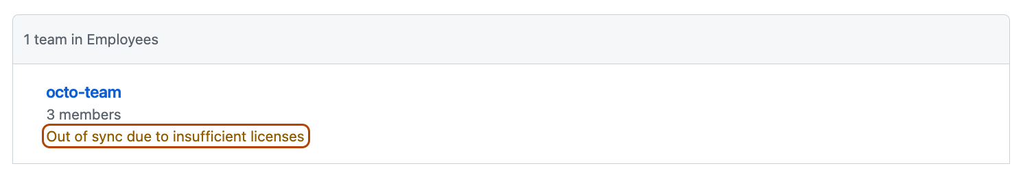 Captura de tela da página de grupo do IdP. Um aviso de que uma equipe está fora de sincronia devido a licenças insuficientes é realçado em laranja escuro.