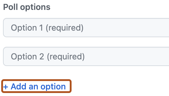 Captura de tela da página para iniciar uma nova votação. O ícone de adição e "Adicionar uma opção" estão contornados em laranja escuro.