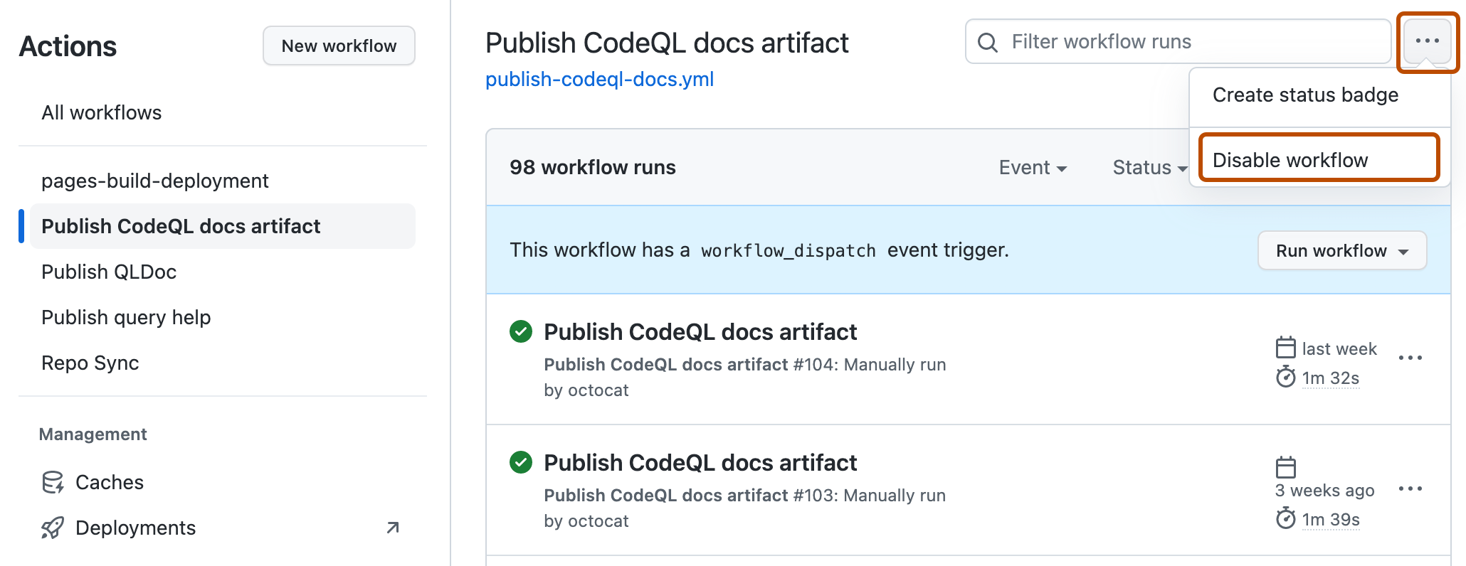 Capture d’écran d’un workflow. Le bouton « Afficher les options de workflow » représenté par une icône de points de suspension et l’élément de menu « Désactiver le workflow » sont mis en évidence avec un encadré orange foncé.