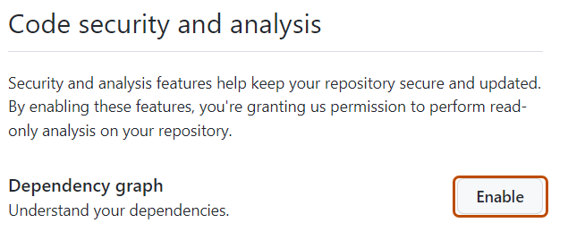 Captura de tela que mostra como habilitar o grafo de dependência para um repositório. O botão "Habilitar" é realçado com um contorno laranja escuro.