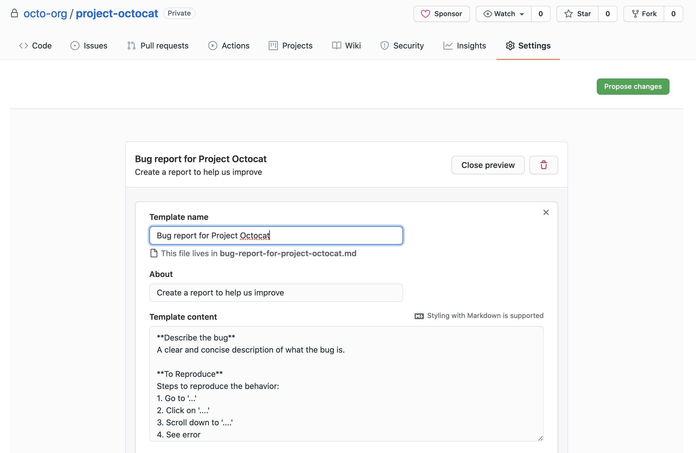 Captura de tela do formulário para criar um modelo de problema. Os campos são preenchidos para criar um modelo chamado "Relatório de bugs do Projeto Octocat".