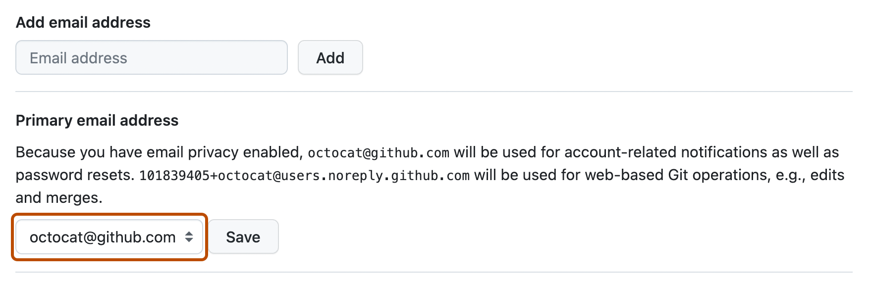 Capture d’écran de la page des paramètres « E-mail ». Sous « Adresse e-mail principale », un menu déroulant avec l’adresse e-mail d’Octocat est encadré en orange.