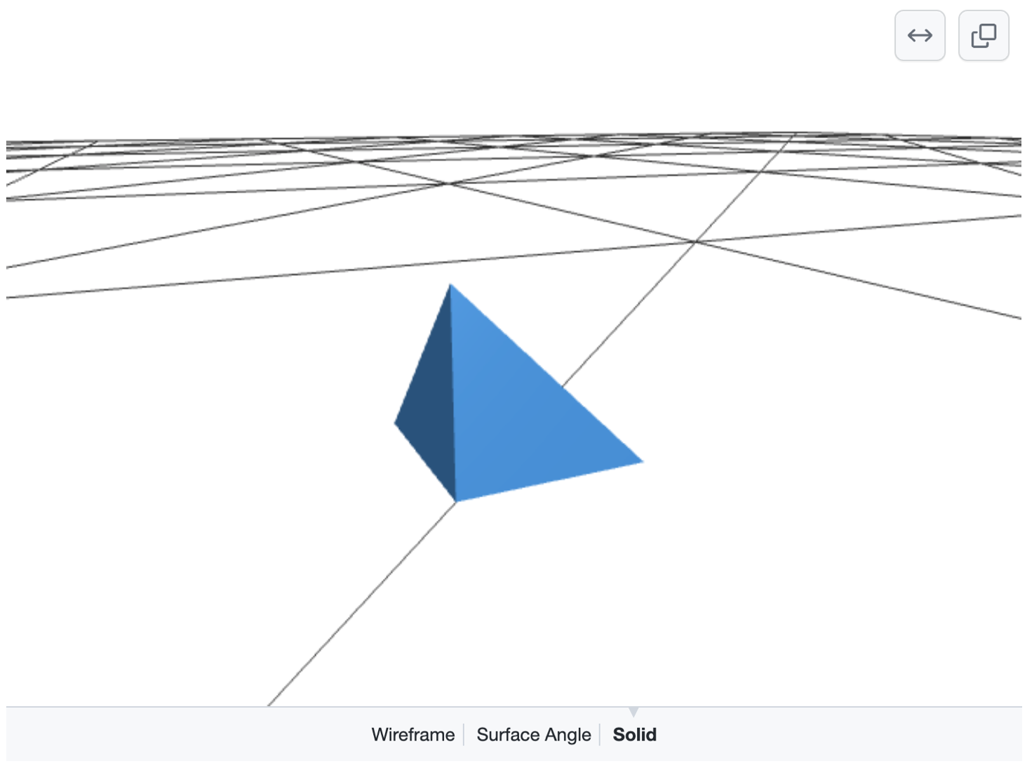 Capture d’écran d’un modèle 3D montrant une pyramide bleue au-dessus d’une grille de lignes noires sur un sol blanc. Les options permettant de sélectionner « Wireframe », « Surface Angle » ou « Solid » s’affichent en bas.