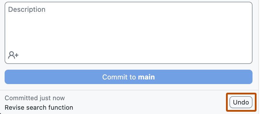 [変更] タブの一部のスクリーンショット。コミット メッセージの横に、"元に戻す" というラベルの付いたボタンが、オレンジ色の枠線で強調表示されています。