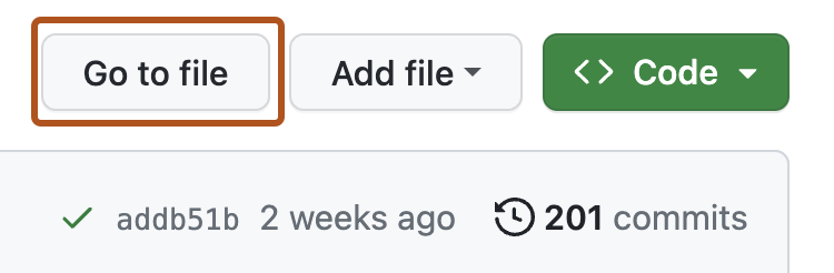 Снимок экрана: строка кнопок на главной странице репозитория. Кнопка "Перейти к файлу" описана в темно-оранжевый цвет.