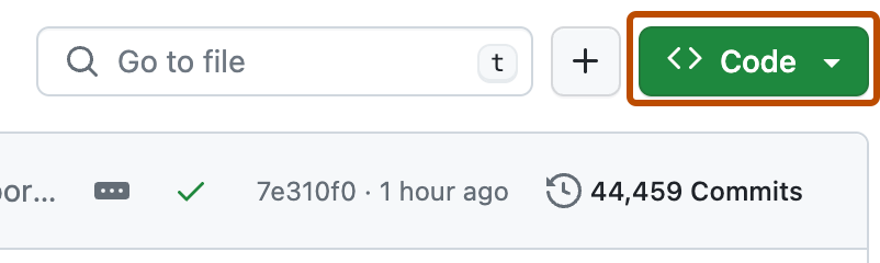 リポジトリのランディング ページのファイル リストのスクリーンショット。 [コード] ボタンが濃いオレンジ色の枠線で囲まれています。
