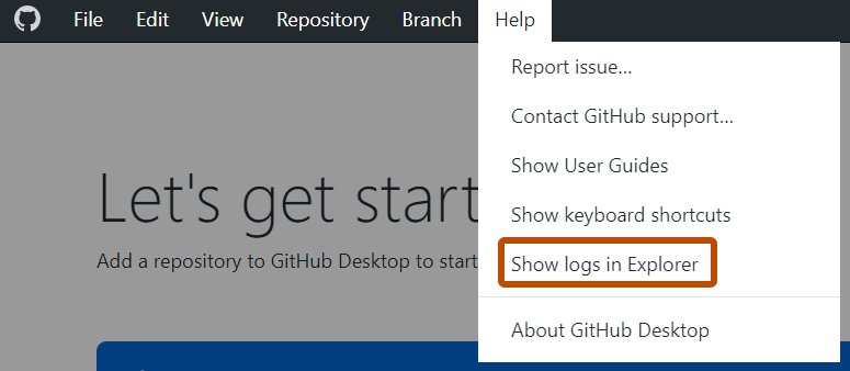 Windows 上的“GitHub Desktop”菜单栏的屏幕截图。 在展开的“帮助”下拉菜单中，标有“在资源管理器中显示日志”的选项以橙色标出。