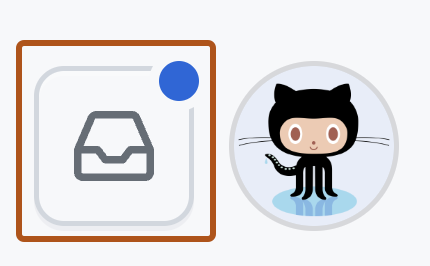 GitHub 标头右角的屏幕截图。 收件箱图标带有一个蓝色点，指示有未读通知。