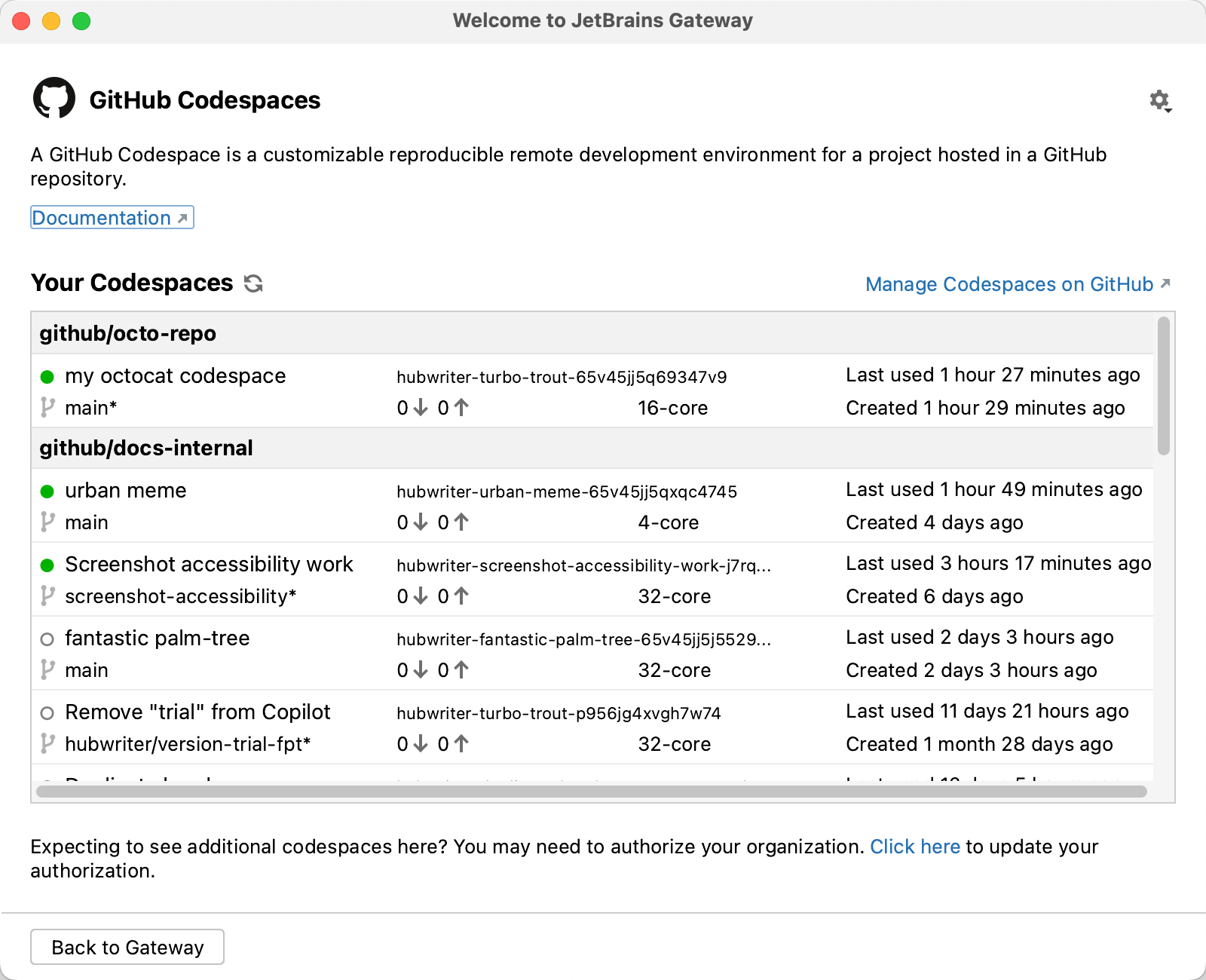 JetBrains Gateway の [あなたの Codespaces] リストのスクリーンショット。