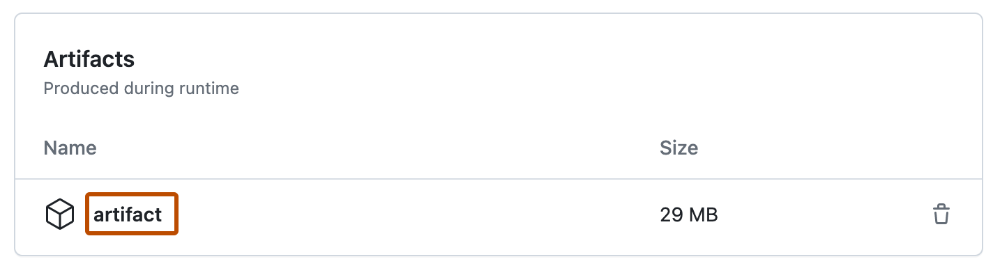 Capture d’écran de la section « Artefacts » d’une exécution de workflow. Le nom de l’artefact généré par l’exécution, « artefact », est mis en évidence avec un encadré orange foncé.