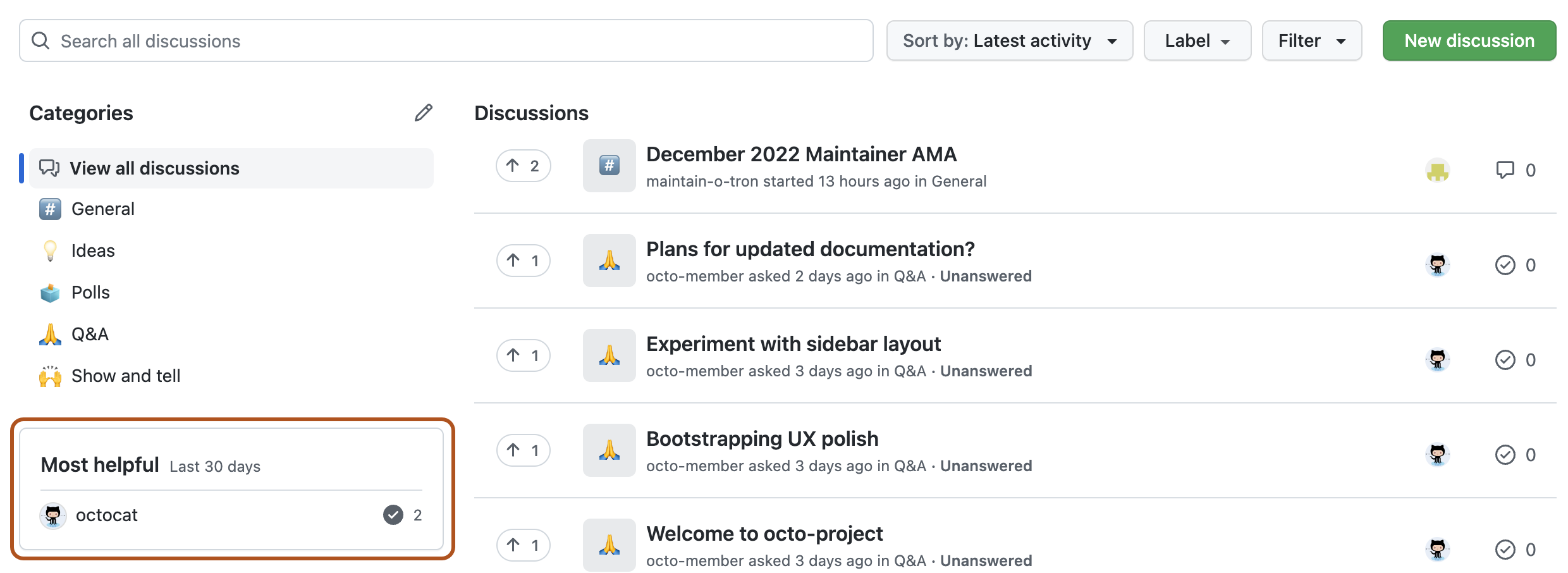 Screenshot of the "Discussions" page in a repository. The "Most helpful" section is outlined in dark orange.