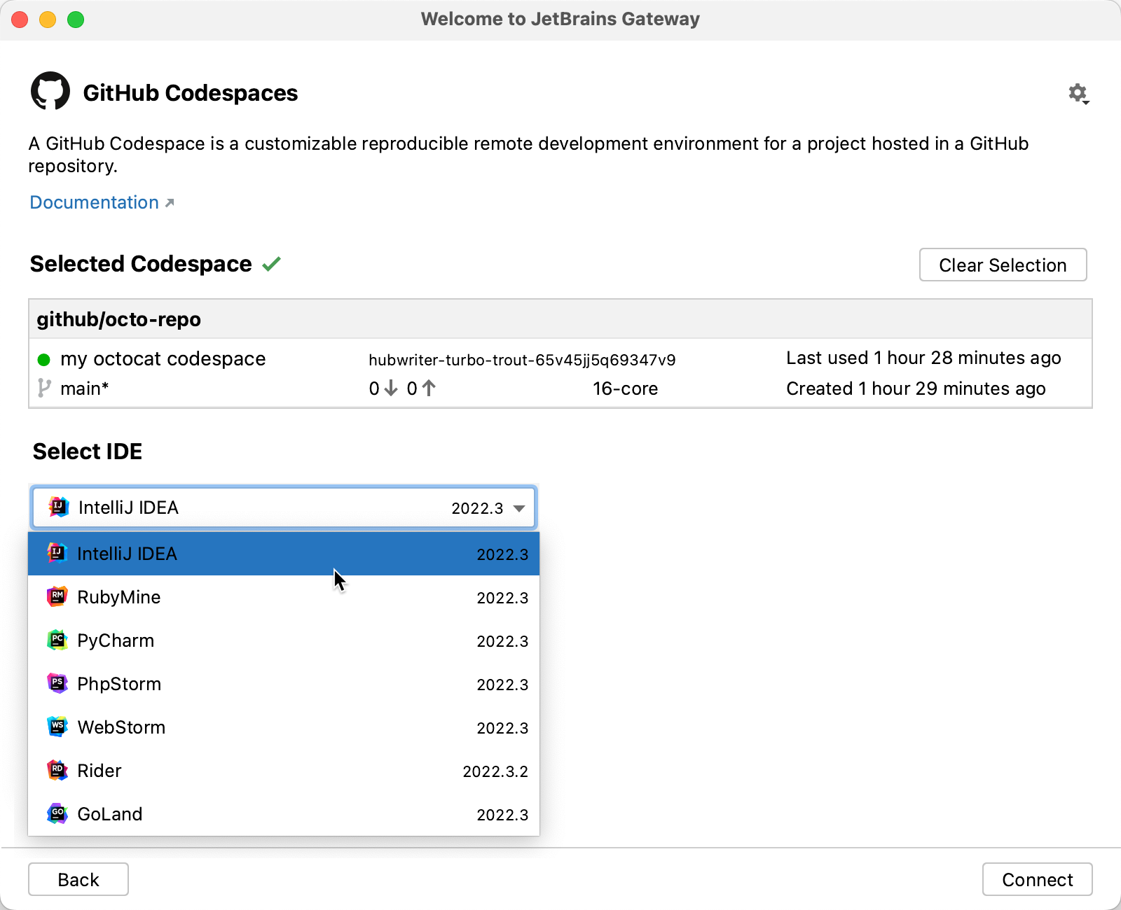 JetBrains 게이트웨이의 "IDE 선택" 드롭다운 목록을 스크린샷으로 표시합니다. 마우스 포인터가 "IntelliJ IDEA"를 가리키고 있습니다.