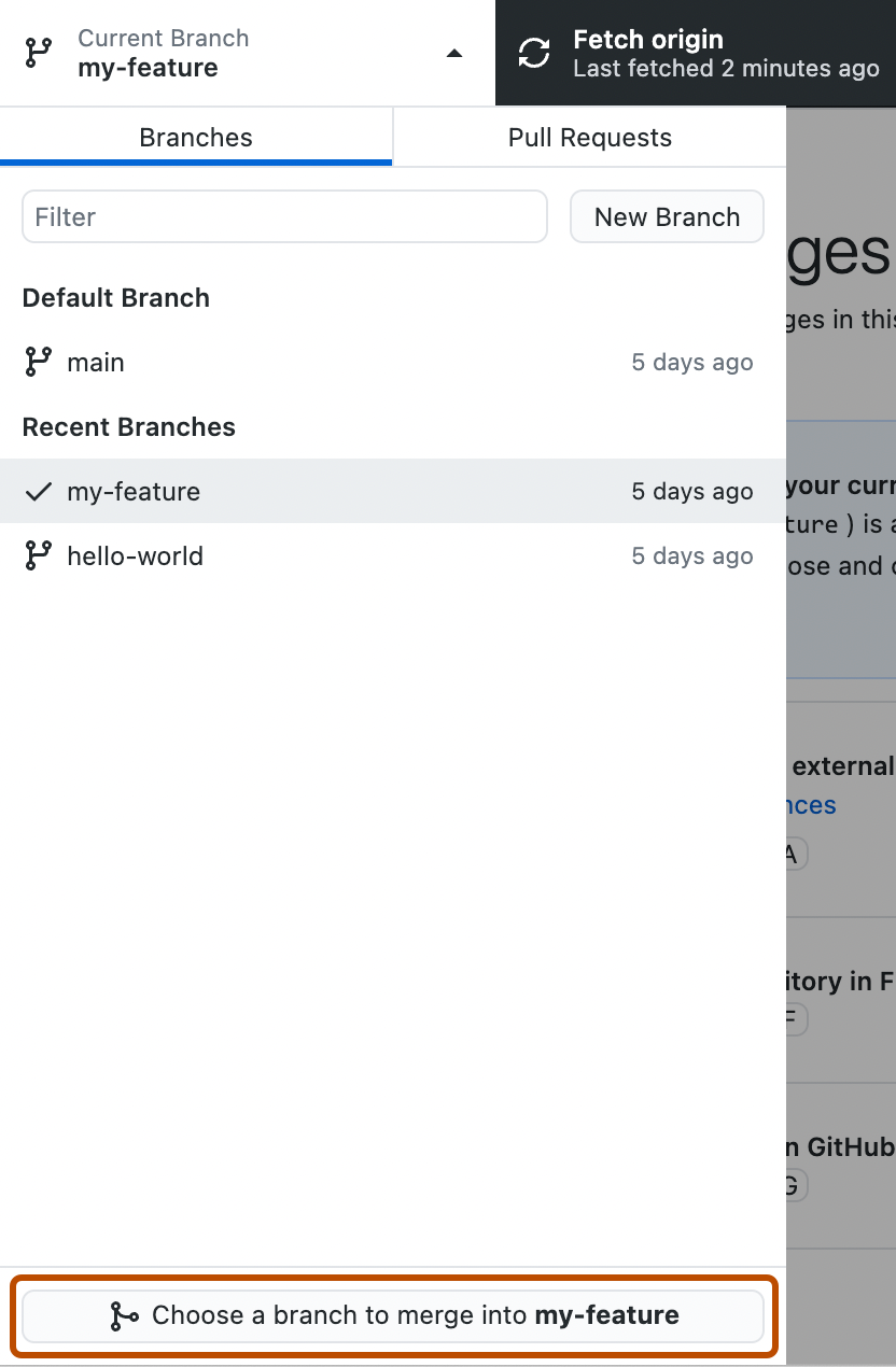 Screenshot der Dropdownansicht „Aktueller Branch“. Unter einer Liste von Branches wird eine orange umrandete Schaltfläche mit der Aufschrift „Branch zum Zusammenführen in my-feature auswählen“ angezeigt.