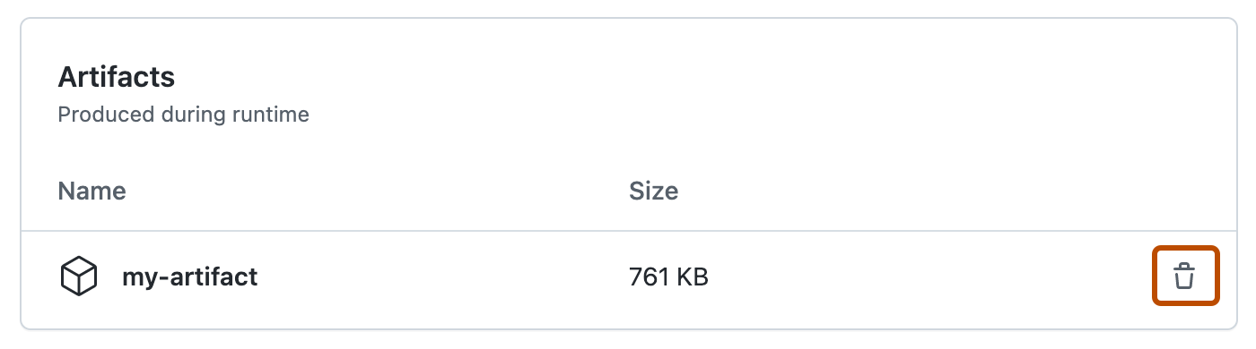屏幕截图显示工作流运行期间创建的工件。 垃圾桶图标，用于删除工件，带深橙色轮廓。