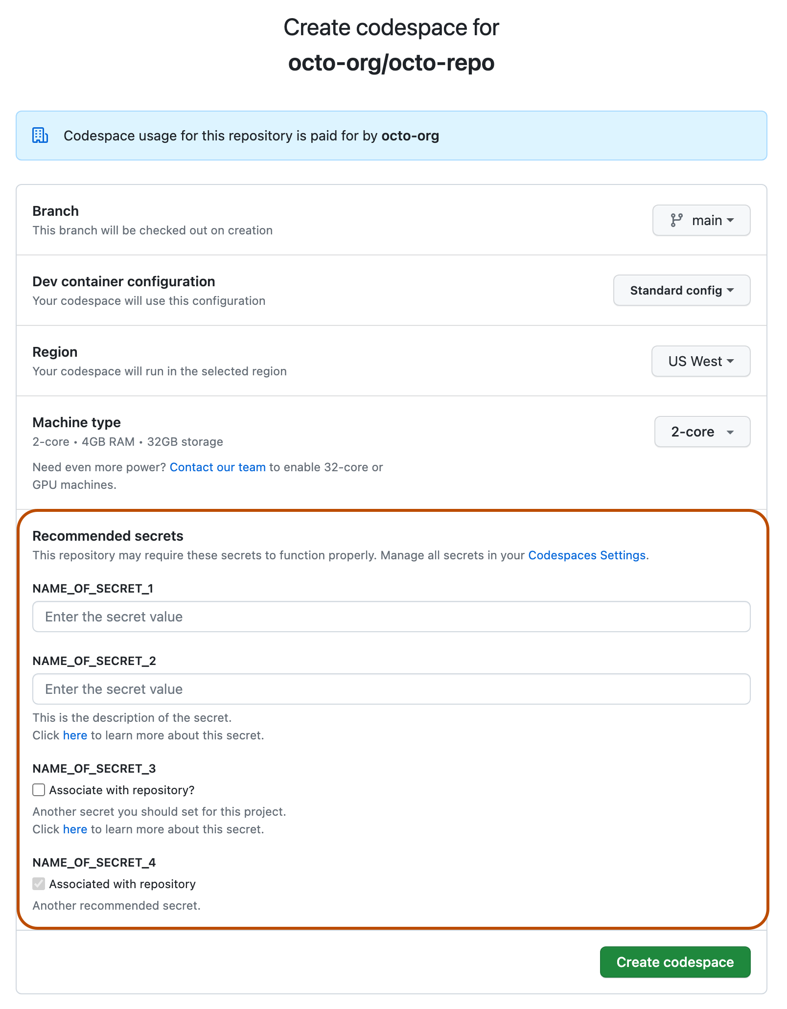 Screenshot of the "Create codespace" page with four recommended secrets highlighted with a dark orange outline.