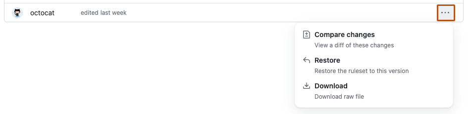 リポジトリ ルールセット履歴のページのスクリーンショット。 3 つのドットのラベルが付いたドロップダウン メニューが展開され、オレンジ色の枠線でハイライトされています。