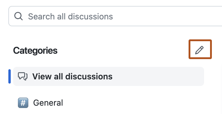 “讨论”页上“类别”菜单的屏幕截图。 用于编辑类别的铅笔图标以橙色边框突出显示。
