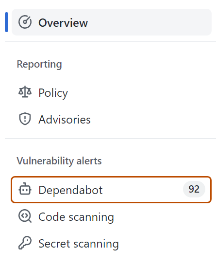 セキュリティの概要のスクリーンショット。[Dependabot] タブが濃いオレンジ色の枠線で強調表示されています。