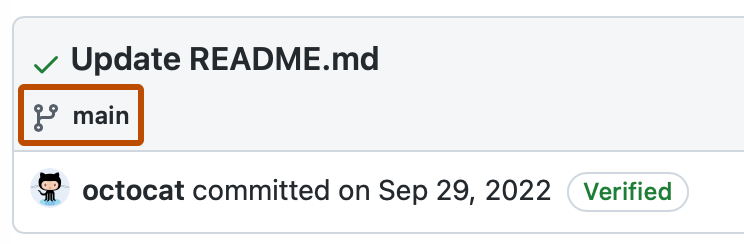 Captura de pantalla de un resumen de la confirmación. El icono de una rama y "main" aparecen resaltados con un contorno naranja.