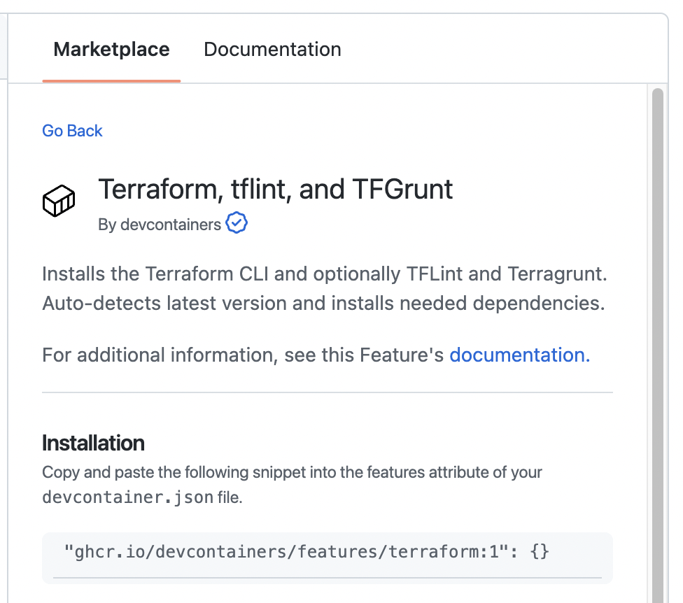 Captura de pantalla de la pestaña "Marketplace" en la que se muestra el fragmento de código de instalación de Terraform.