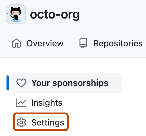 Снимок экрана: страница обзора спонсорства для @octo-org. Вкладка боковой панели с меткой "Параметры", выделена темно-оранжевым цветом.