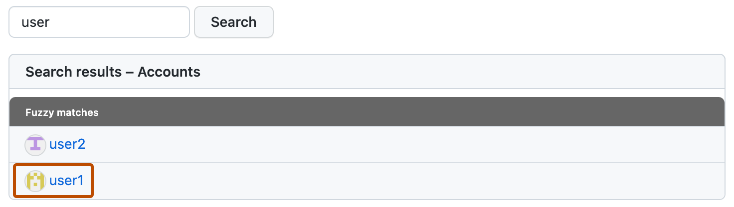 Capture d’écran des résultats de la recherche « Comptes ». Dans la liste des correspondances, « user1 » est mis en surbrillance avec un contour orange.