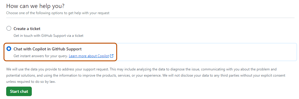 Screenshot of the "How can we help you?" form. "Chat with Copilot in GitHub Support" is highlighted in orange.