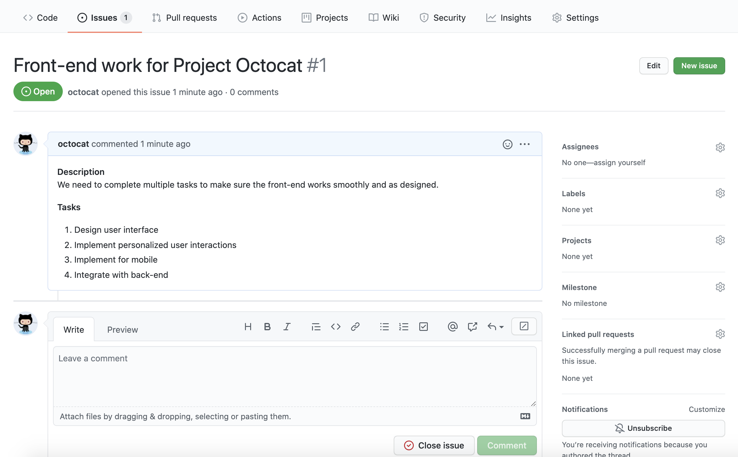 Снимок экрана: проблема с именем Front-end work for Project Octocat. Текст проблемы содержит список задач для выполнения.