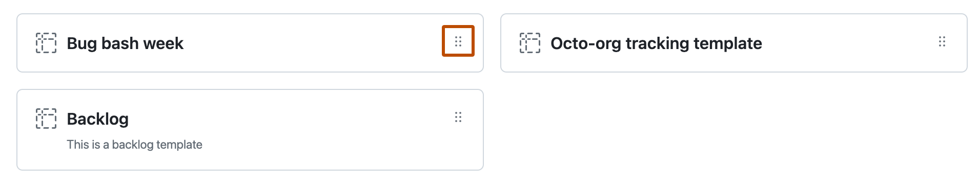 Captura de pantalla de la configuración de plantillas recomendadas de una organización. El identificador "Arrastrar para reordenar" está resaltado con un contorno naranja.