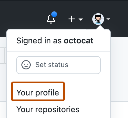 @octocat 프로필 사진의 드롭다운 메뉴 스크린샷입니다. "프로필"은 진한 주황색으로 표시됩니다.