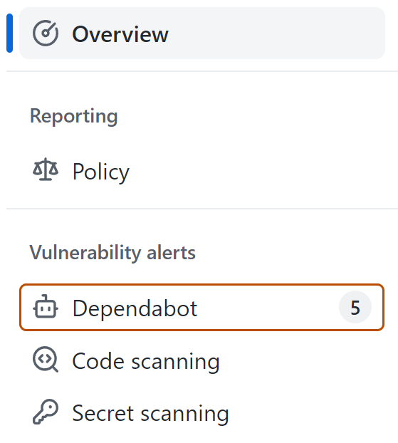 セキュリティの概要のスクリーンショット。[Dependabot] タブが濃いオレンジ色の枠線で強調表示されています。