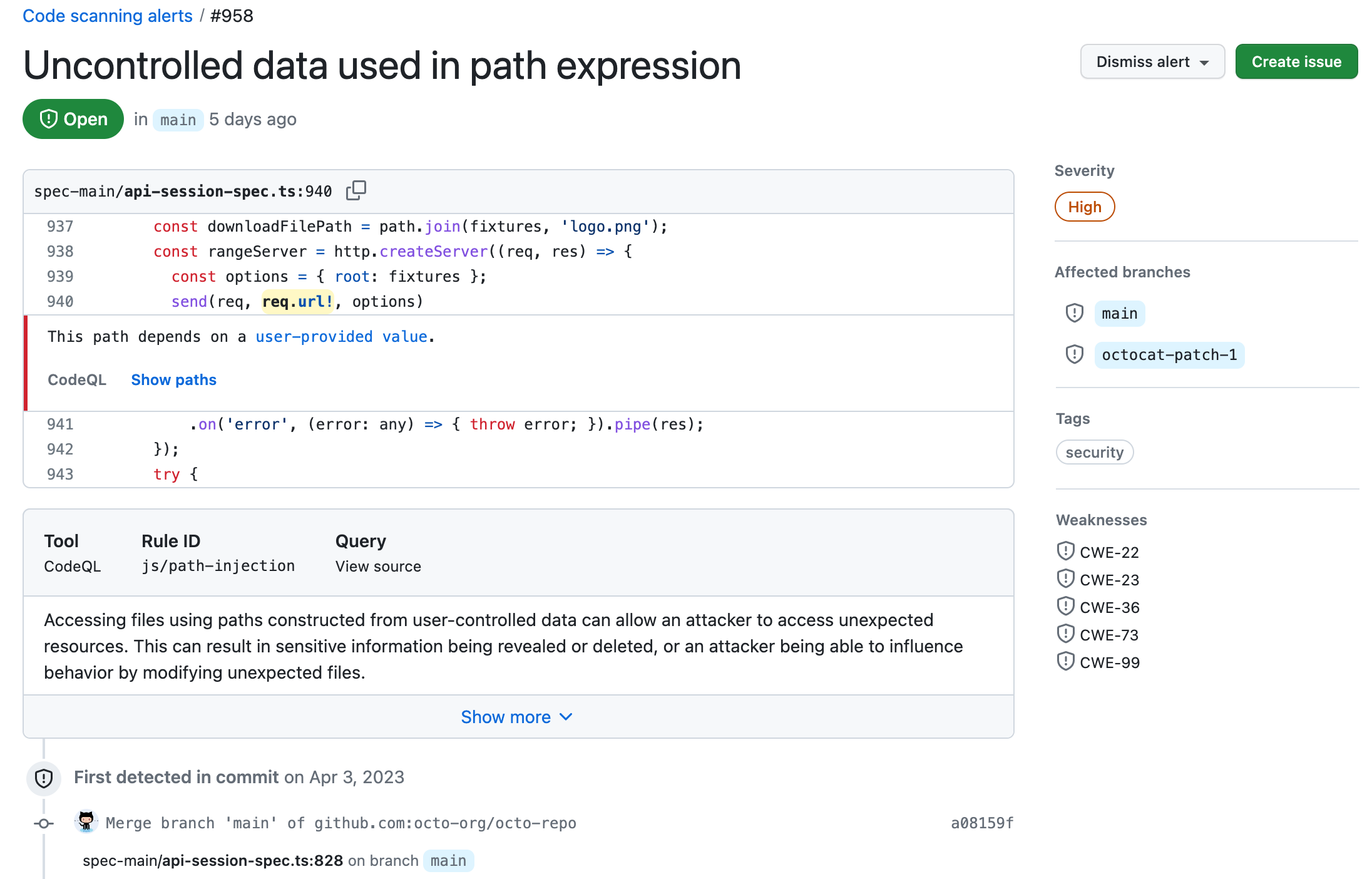 Captura de tela que mostra os elementos de um alerta da code scanning, incluindo o título do alerta e as linhas relevantes de código à esquerda e o nível de gravidade, os branches afetados e os pontos fracos à direita. 