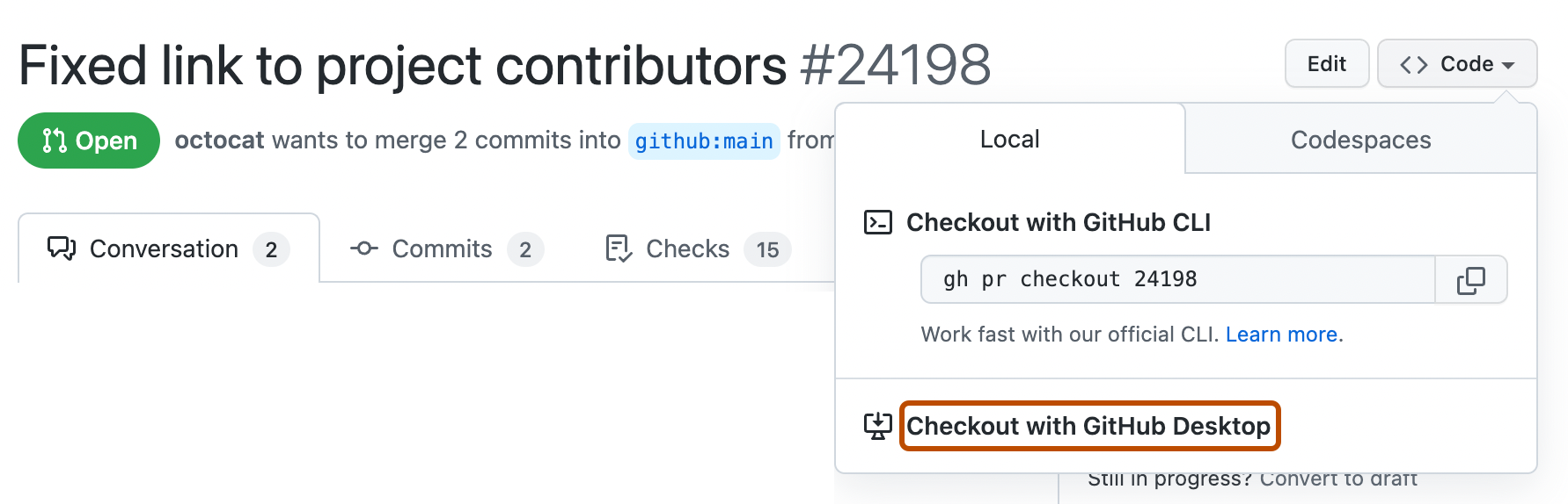 Capture d’écran d’une demande de tirage (pull request) sur GitHub. Le menu déroulant « Code » est développé et un bouton intitulé « Validation avec GitHub Desktop » est indiqué en orange.