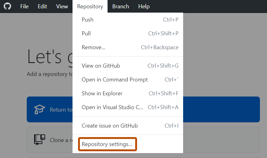 Windows 上的“GitHub Desktop”菜单栏的屏幕截图。 在打开的“存储库”下拉菜单中，标有“存储库设置”的选项以橙色突出显示。