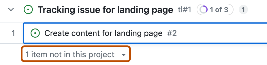 Screenshot of a project in the table layout. At the bottom of a group, "1 item not in this project" is highlighted with an orange rectangle.