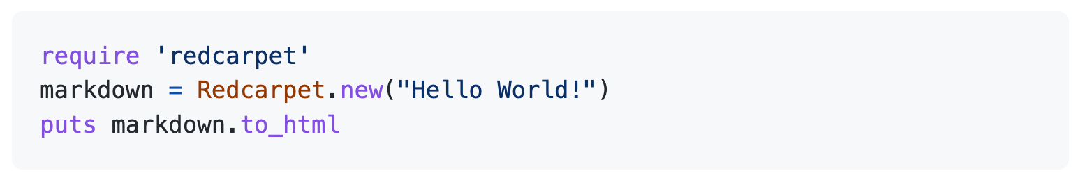 Screenshot of three lines of Ruby code as displayed on GitHub. Elements of the code display in purple, blue, and red type for scannability.