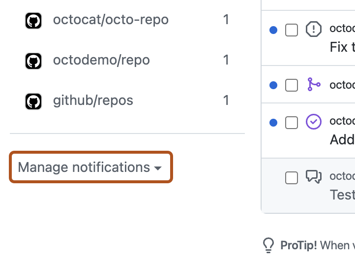 Manage notifications drop down menu options