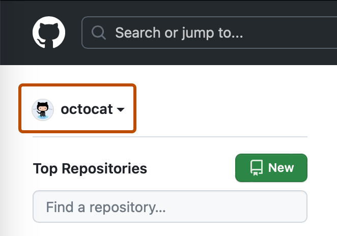 Captura de pantalla de la página del panel de un usuario. En la esquina superior izquierda, un menú desplegable, etiquetado con "octocat" y una flecha hacia abajo, se resalta en naranja oscuro.