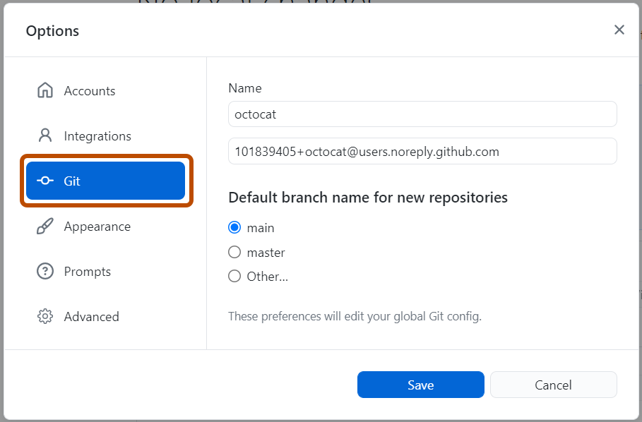 “选项”窗口中的“Git”窗格的屏幕截图。 在左侧边栏，“Git”选项呈蓝色突出显示，带有橙色轮廓。