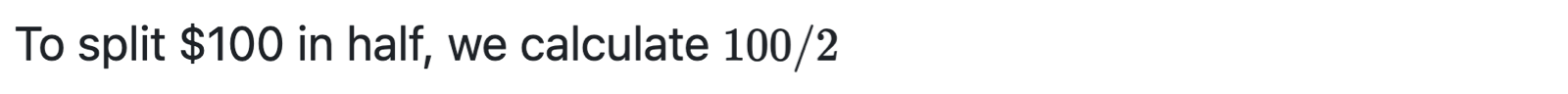 Captura de pantalla de Markdown representada en la que se muestra cómo las etiquetas de intervalo alrededor de un signo de dólar muestran el signo como texto insertado en lugar de formar parte de una ecuación matemática.