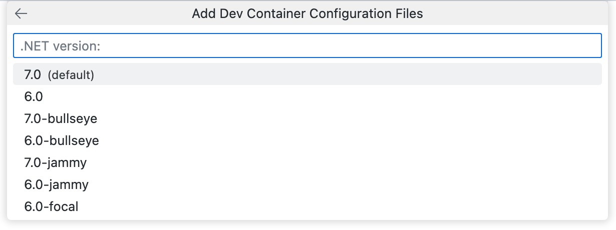 [7.0 (既定値)] などのさまざまな .NET バージョンが表示されている [開発コンテナー構成ファイルの追加] ドロップダウンのスクリーンショット。